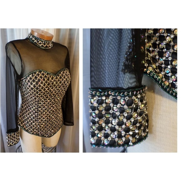 Lady Small Black Gold Sheer Rhinestone Sequin Top - Picture 1 of 8